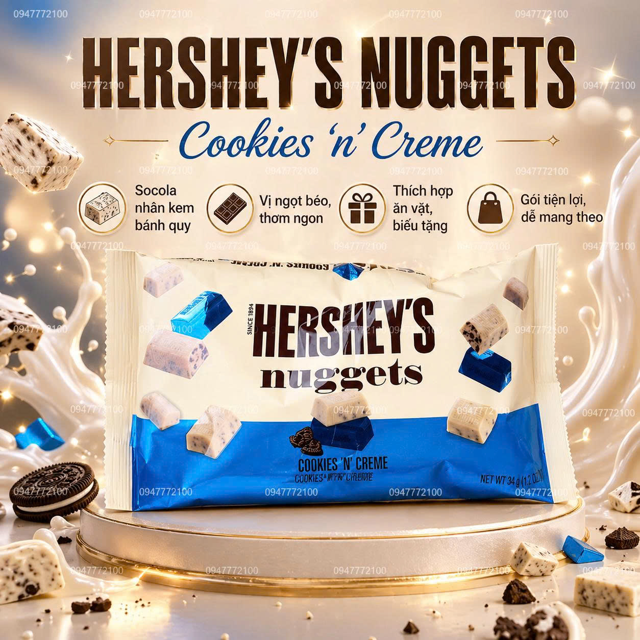 Kẹo Socola Hershey's Nuggets Cookies 'N' Creme – Gói 286g