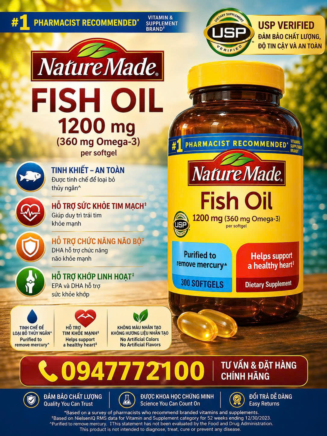 [CHÍNH HÃNG MỸ] Viên Dầu Cá Nature Made Fish Oil 1200mg – Hộp 300 Viên