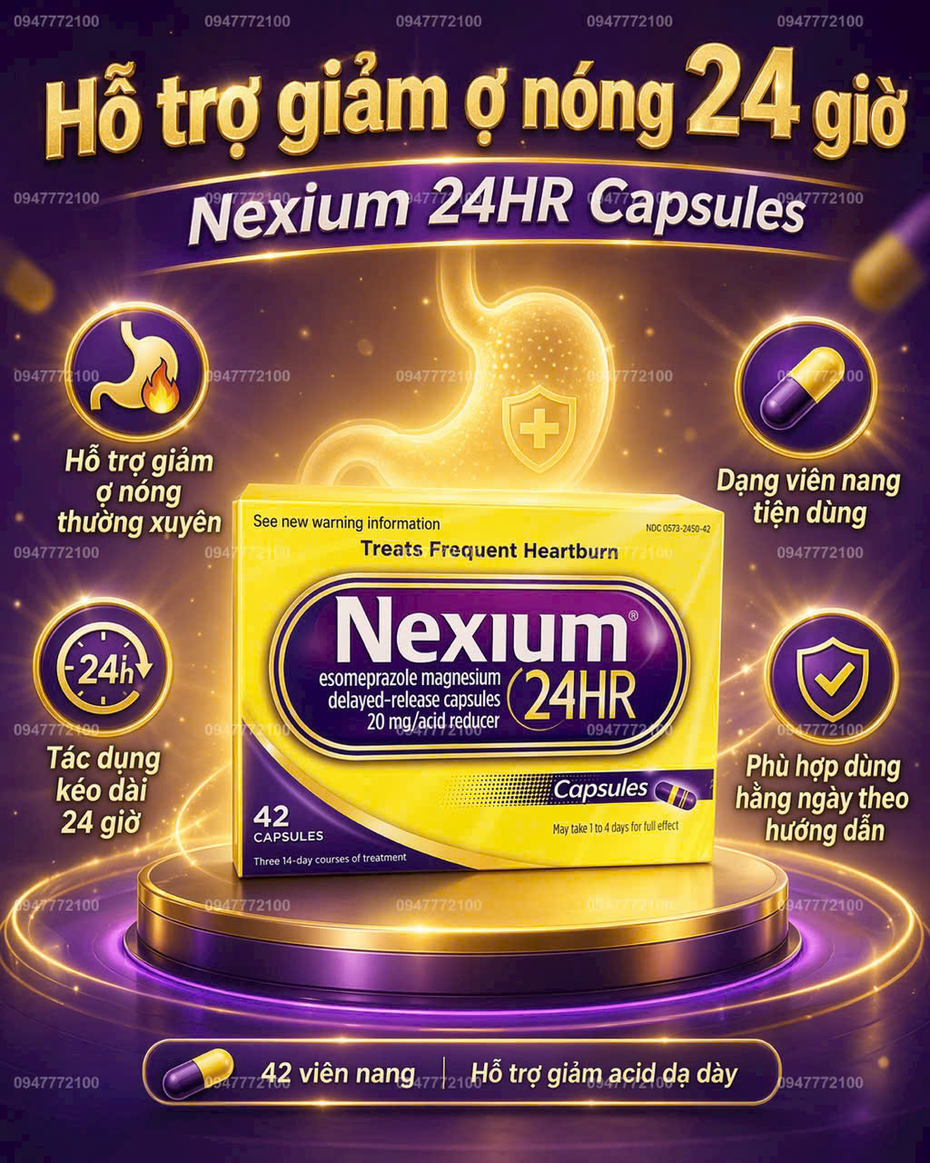 [CHÍNH HÃNG MỸ] Thuốc Hỗ Trợ Giảm Ợ Nóng Nexium 24HR Capsules (42 Viên)