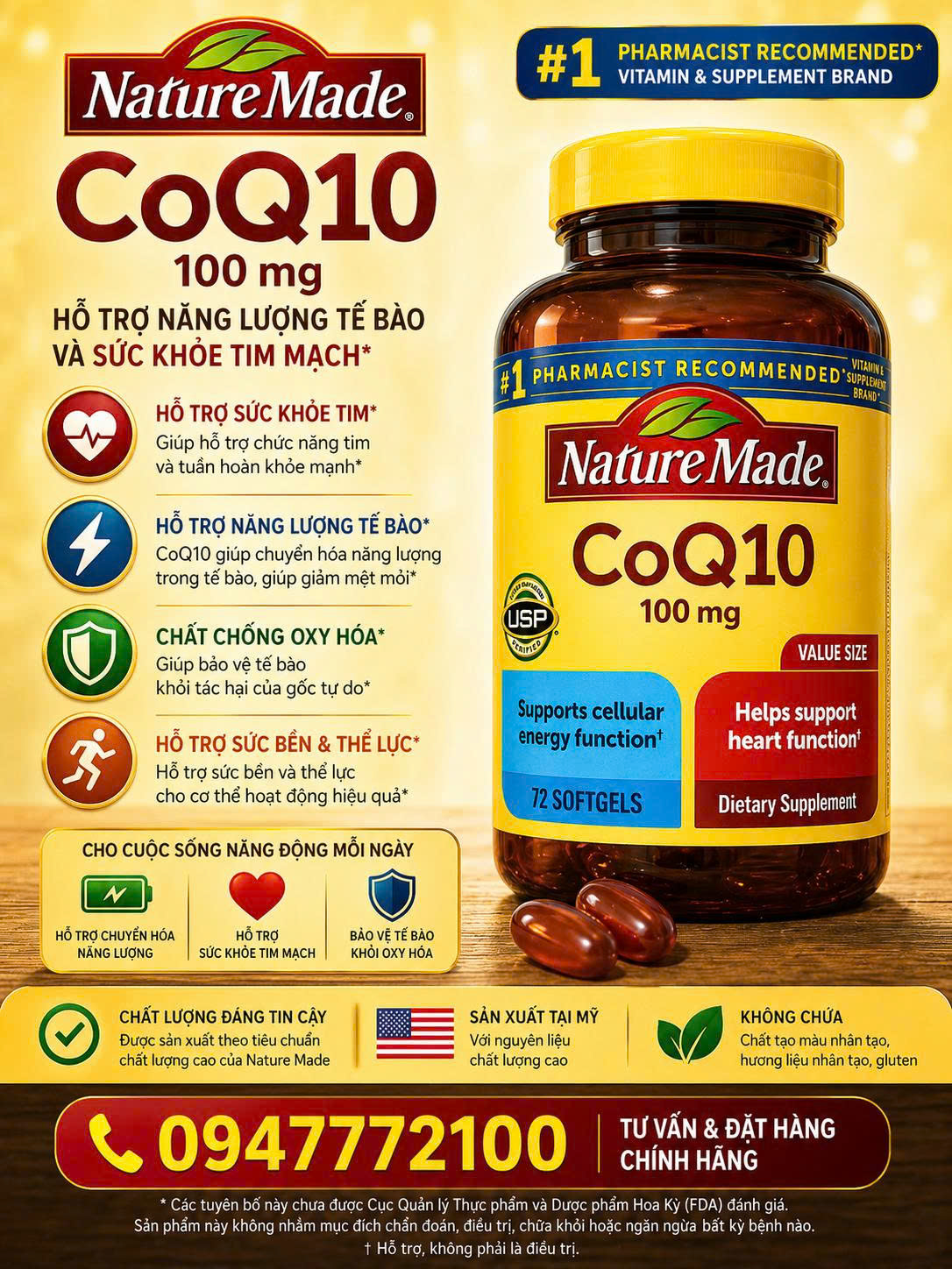 CHÍNH HÃNG MỸ] Viên Uống Nature Made CoQ10 100mg – Hỗ Trợ Năng Lượng Tế Bào Và Sức Khỏe Tim Mạch