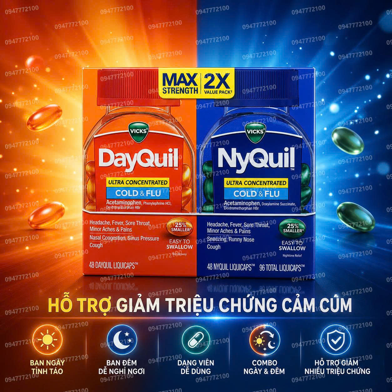 [CHÍNH HÃNG MỸ] Combo Vicks DayQuil & NyQuil Severe Cold & Flu – Hộp 96 Viên