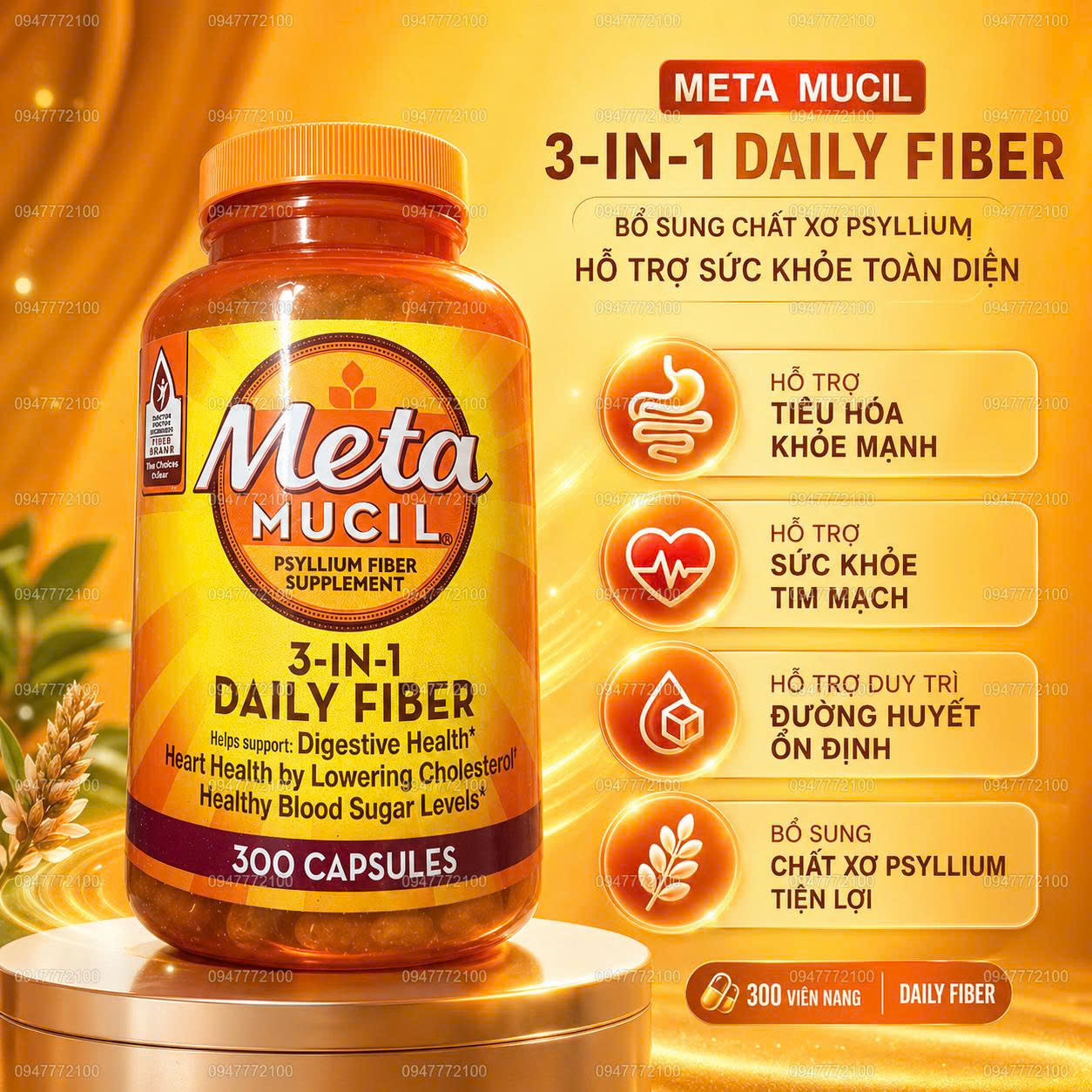 Viên Uống Bổ Sung Chất Xơ Metamucil 3-In-1 Daily Fiber – Hộp 300 Viên