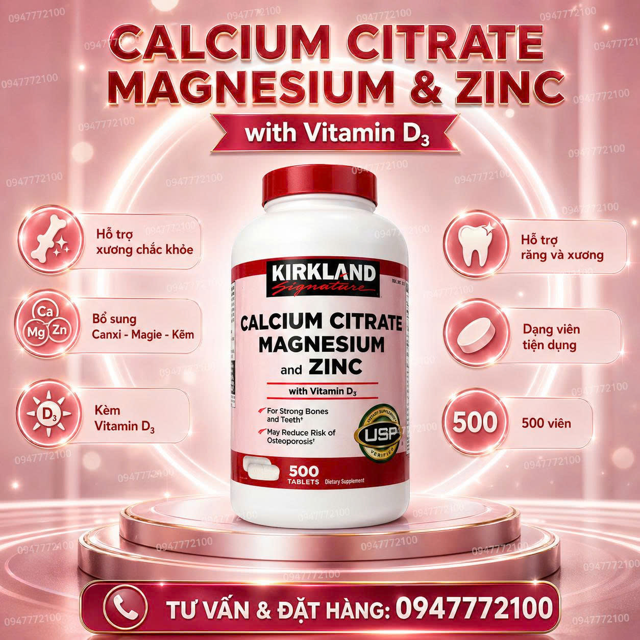 Viên Uống Bổ Sung Calcium Citrate Magnesium and Zinc Kirkland Signature – Hộp 500 Viên