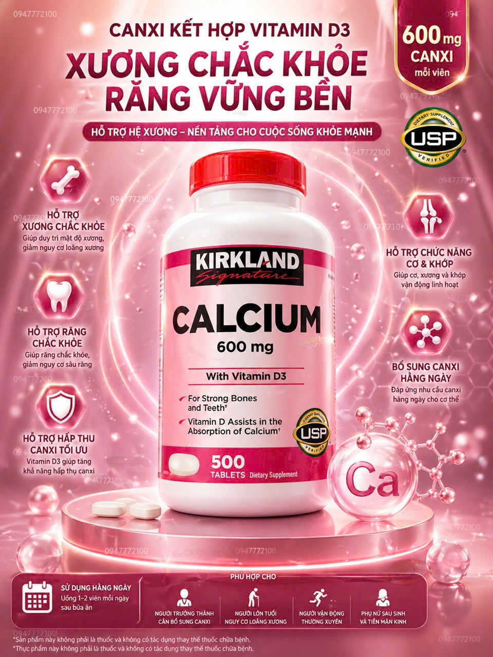 [CHÍNH HÃNG MỸ] Viên Uống Bổ Sung Kirkland Signature Calcium 600mg With Vitamin D3 – Hộp 500 Viên