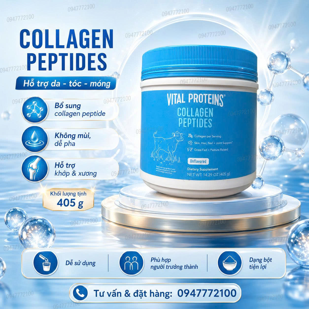 Collagen bột thủy phân vital proteins collagen peptides 405g mỹ