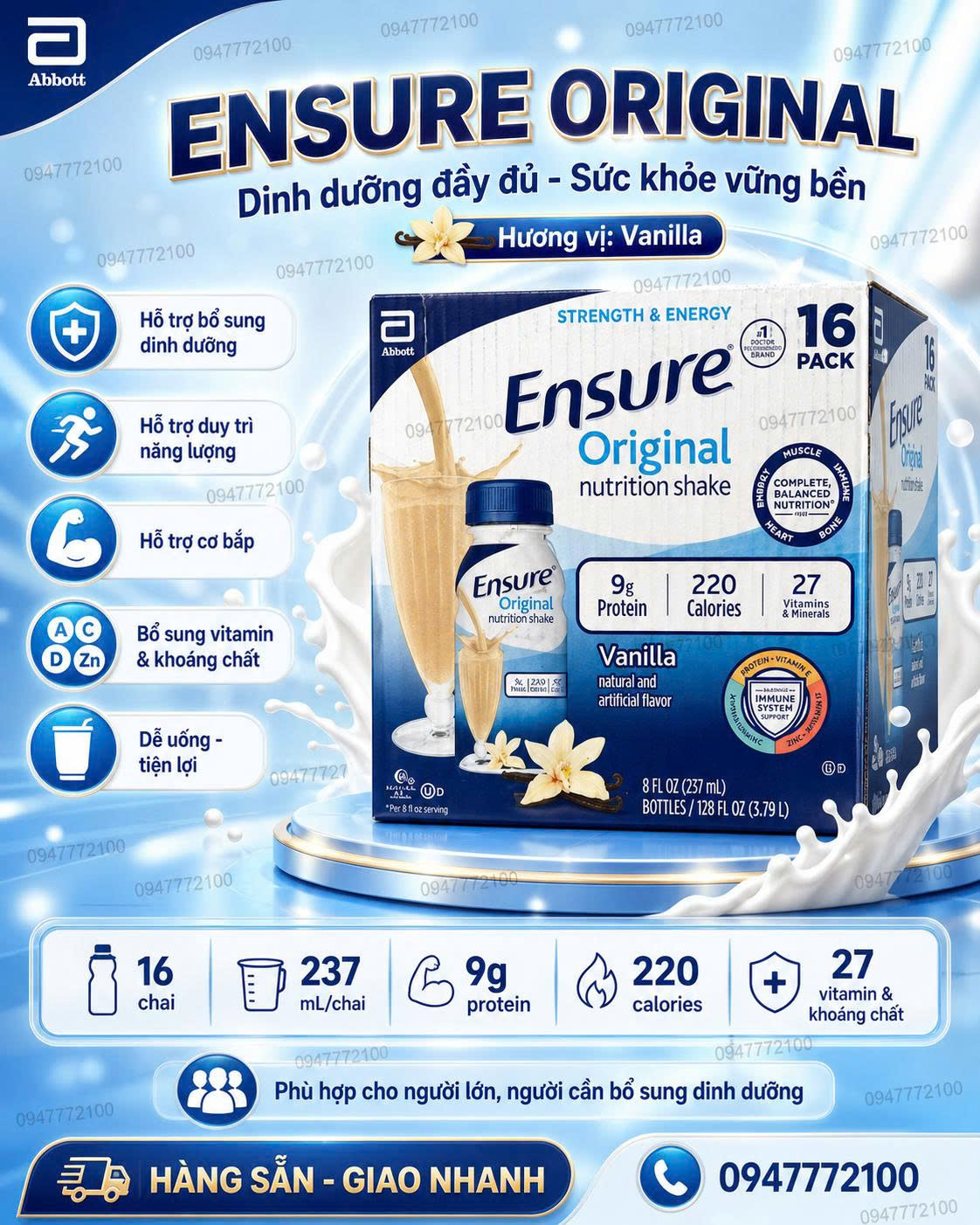 [CHÍNH HÃNG MỸ] Thùng 16 Chai Sữa Nước Ensure Original Nutrition Shake Vanilla (237ml/chai)