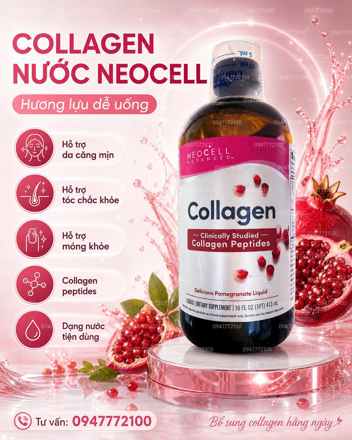Collagen Nước NeoCell Collagen Peptides Delicious Pomegranate Liquid (473ml)