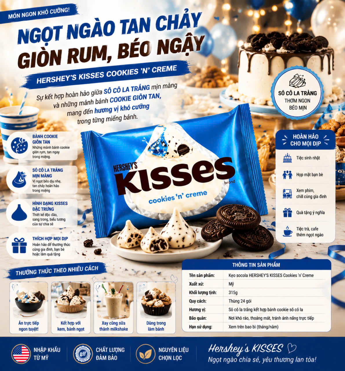 Kẹo Chocolate hershey's kisses 315g cookies 'n' creme màu xanh hàng Mỹ