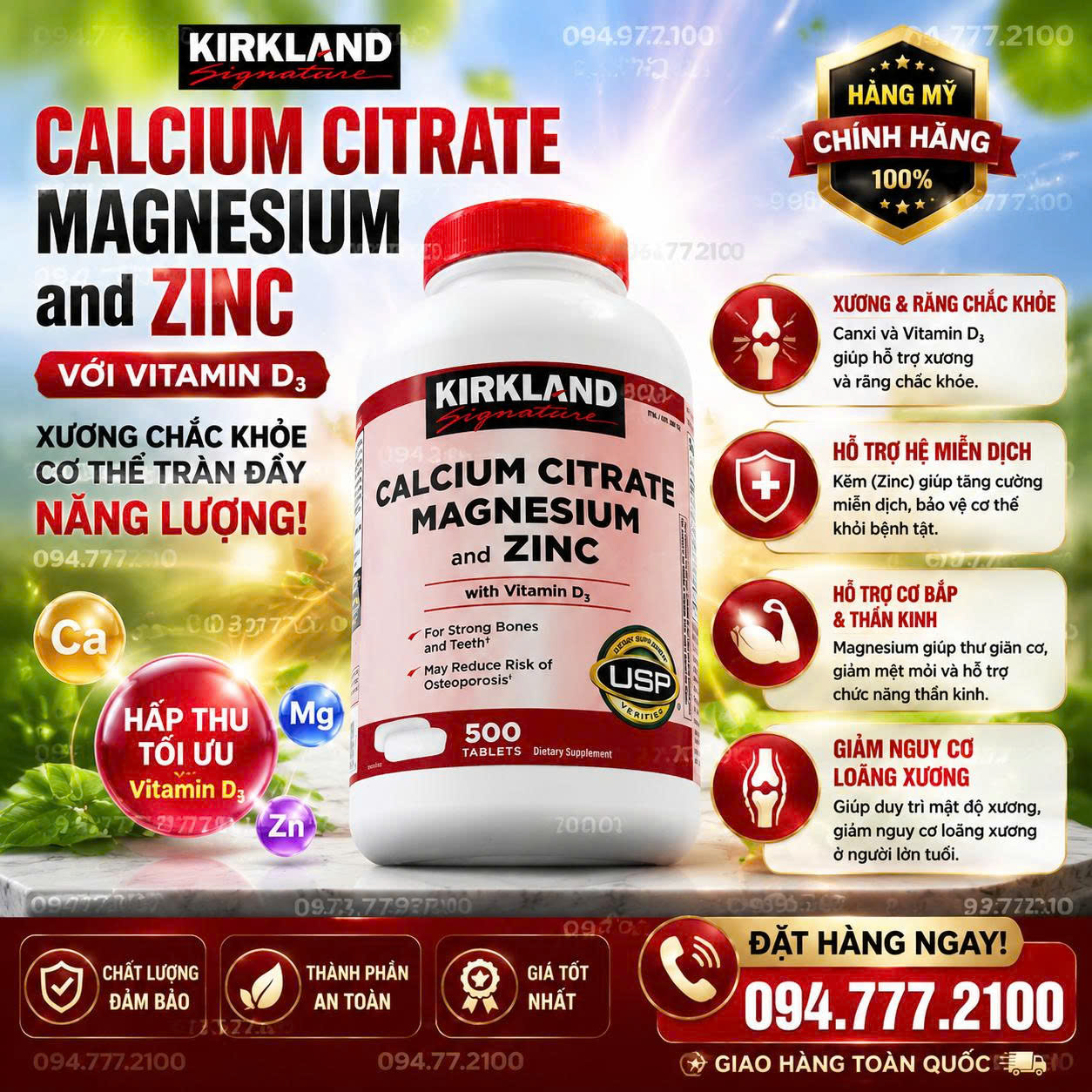 Viên Uống Bổ Sung Canxi Hữu Cơ Kirkland Signature Calcium Citrate Magnesium and Zinc (500 Viên)