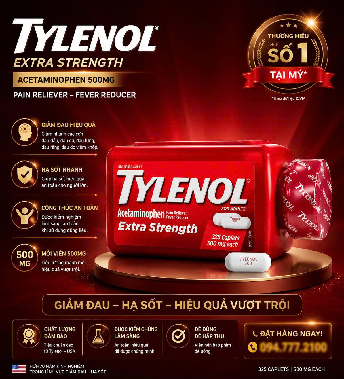 Viên Uống Giảm Đau & Hạ Sốt Nhanh Tylenol Extra Strength 500mg (Chai 325 Viên)