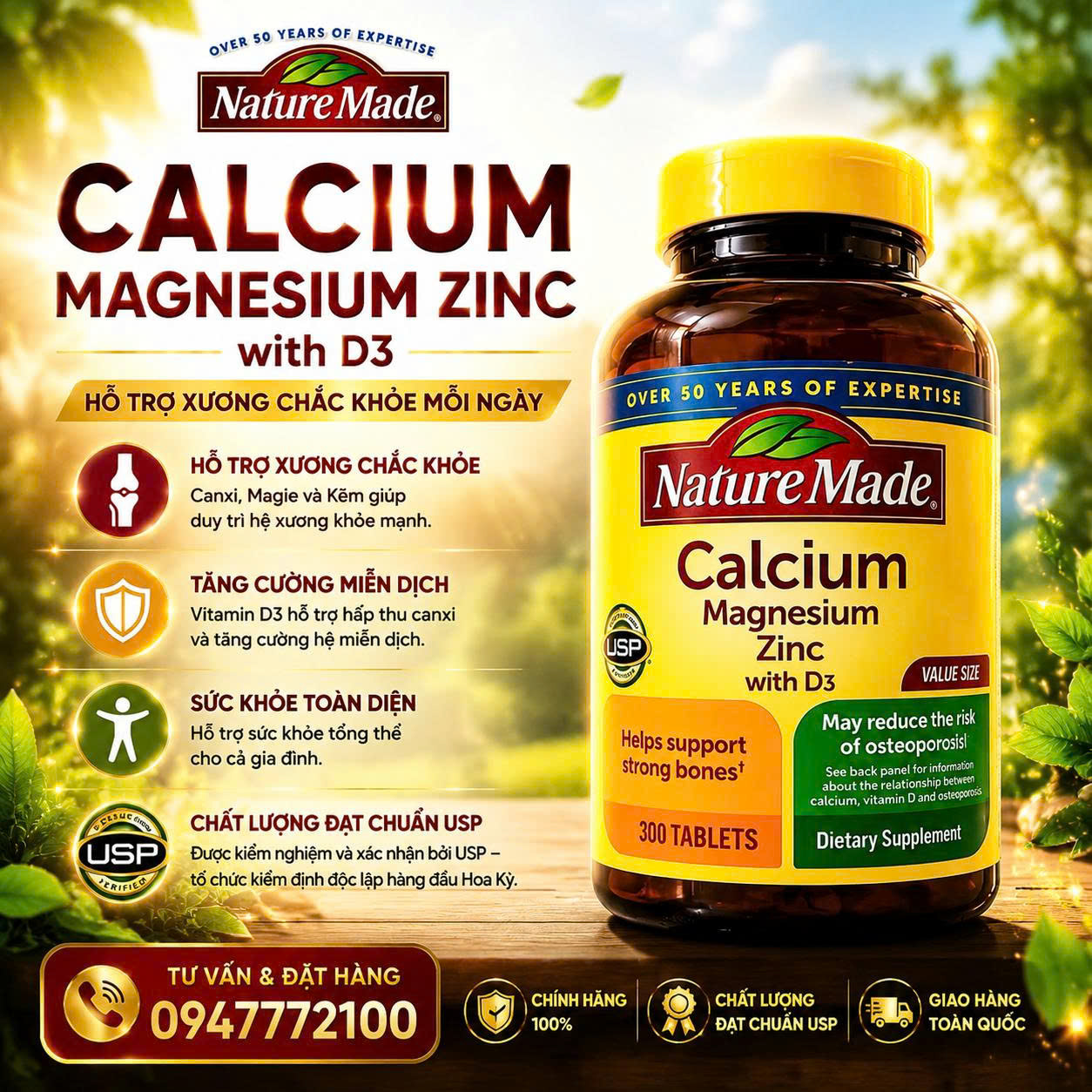 Viên Uống Hỗ Trợ Xương Khắc Khỏe Nature Made Calcium Magnesium Zinc Với D3 (Chai 300 Viên)