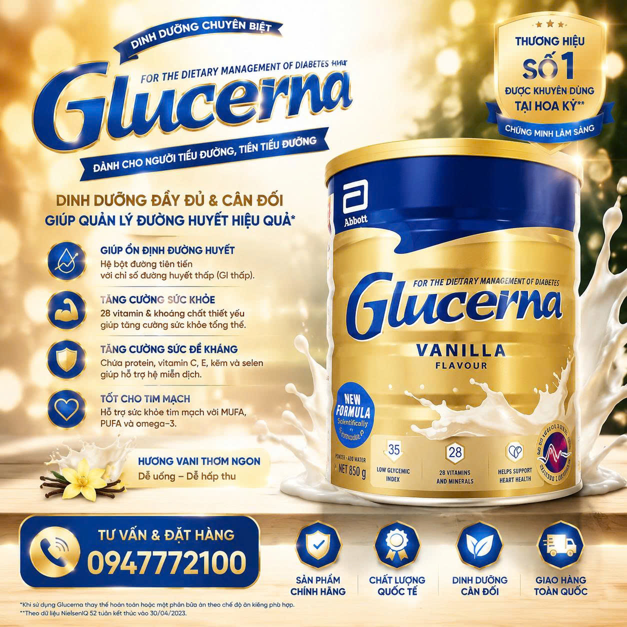 Sữa Bột Dành Cho Người Tiểu Đường Abbott Glucerna Hương Vanilla (Hộp 850g)
