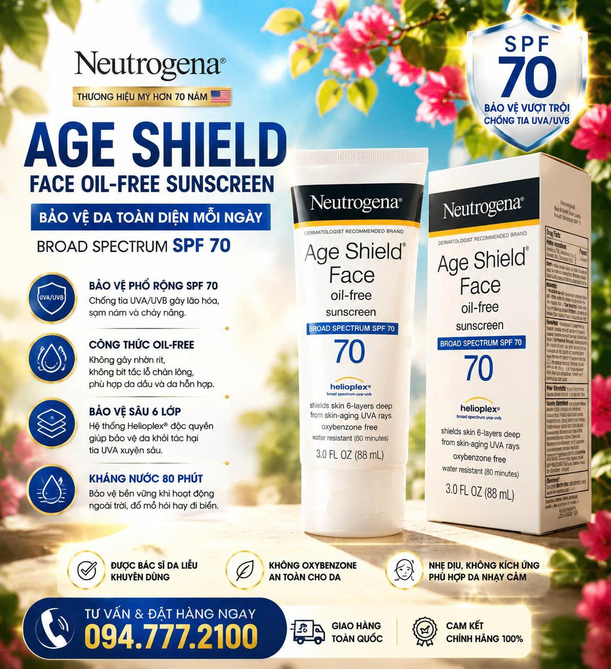 Kem Chống Nắng Da Mặt Neutrogena Age Shield Face Oil Free Sunscreen Broad Spectrum SPF 70 (Tuýp 88ml)