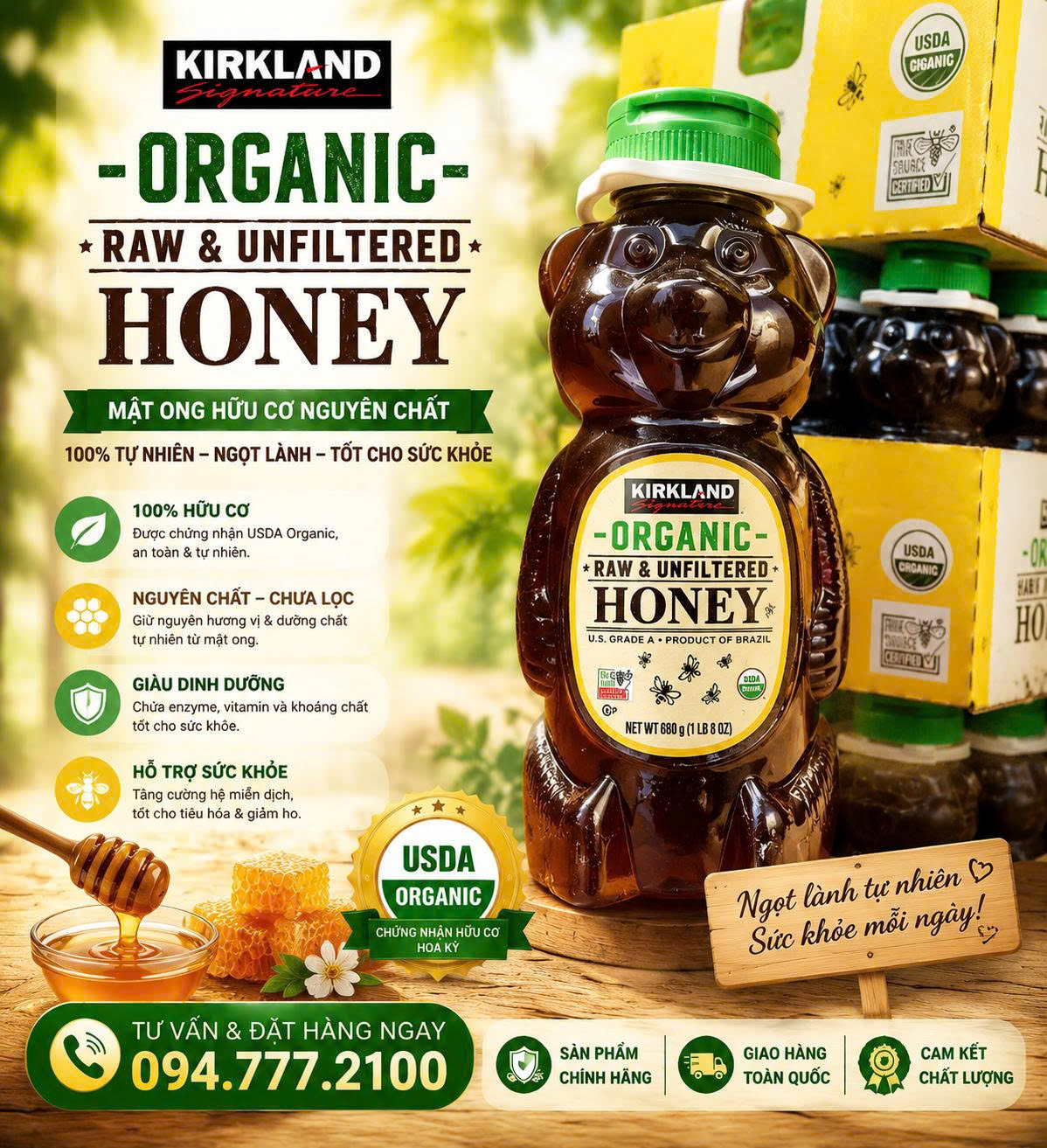 Mật Ong Hữu Cơ Nguyên Chất Kirkland Signature Organic Raw And Unfiltered Honey (Chai Hình Gấu 680g)