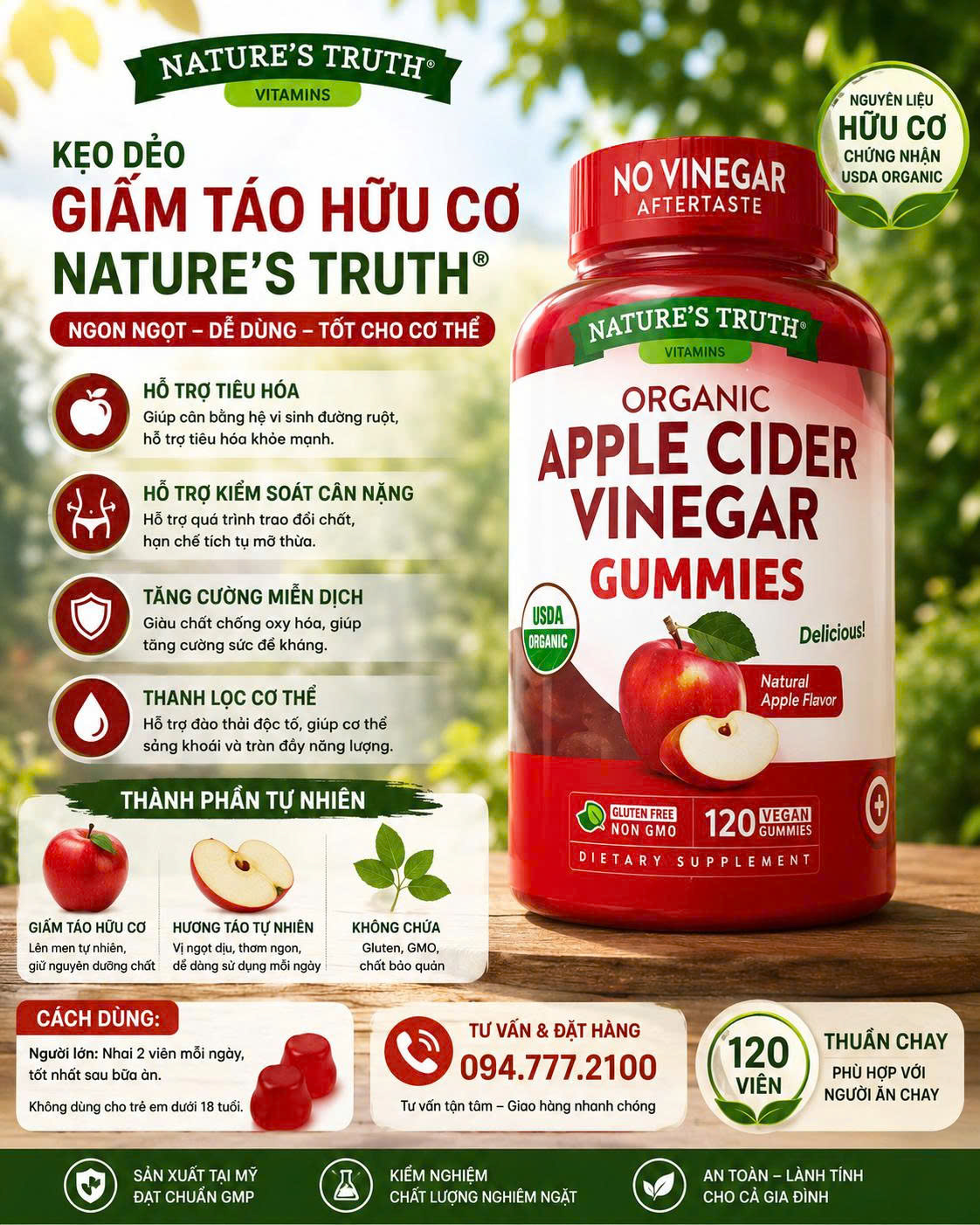 KẸO DẺO GIẤM TÁO HỮU CƠ NATURE'S TRUTH ORGANIC APPLE CIDER VINEGAR GUMMIES 120 VIÊN (ĐẦY ĐỦ BILL COSTCO MỸ)