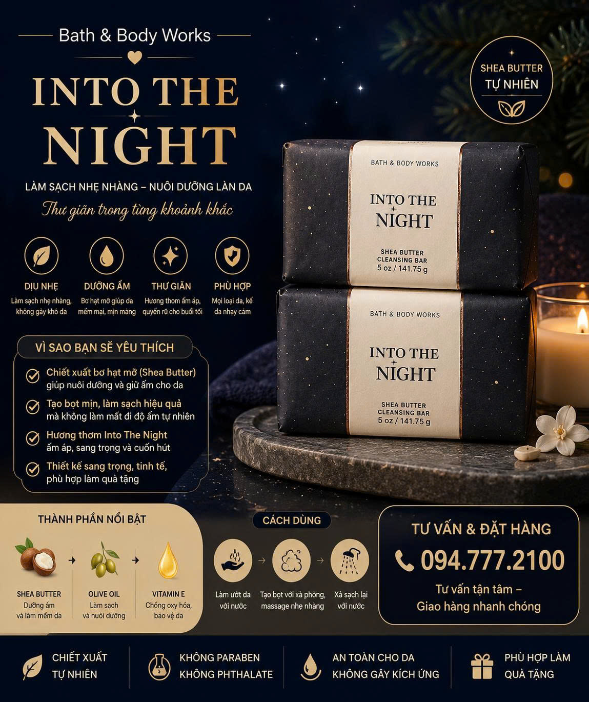 XÀ BÔNG CỤC NƯỚC HOA BATH & BODY WORKS INTO THE NIGHT SHEA BUTTER CLEANSING BAR 141.75G CỦA MỸ