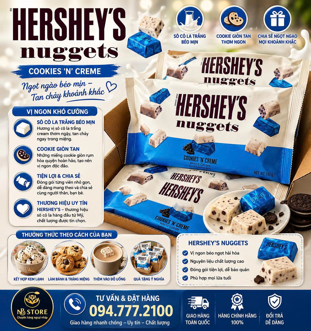 🍫 KẸO SOCOLA TRẮNG COOKIES & KEM HERSHEY'S NUGGETS COOKIES 'N' CREME GÓI 344G CỦA M