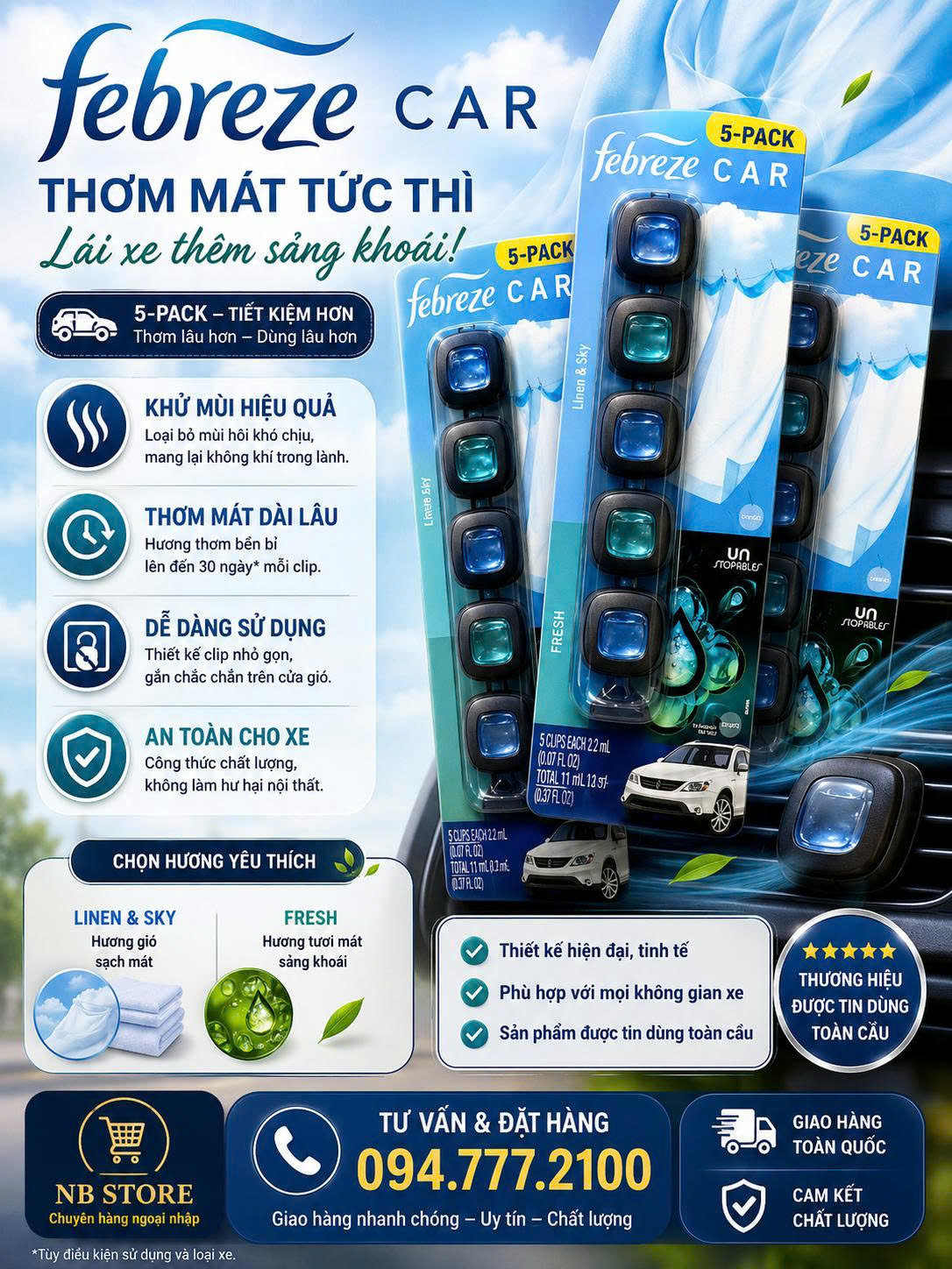 Vĩ nước hoa xe hơi Febreze Car 5 Packs gồm 5 hộp mỗi hộp 2ml của Mỹ