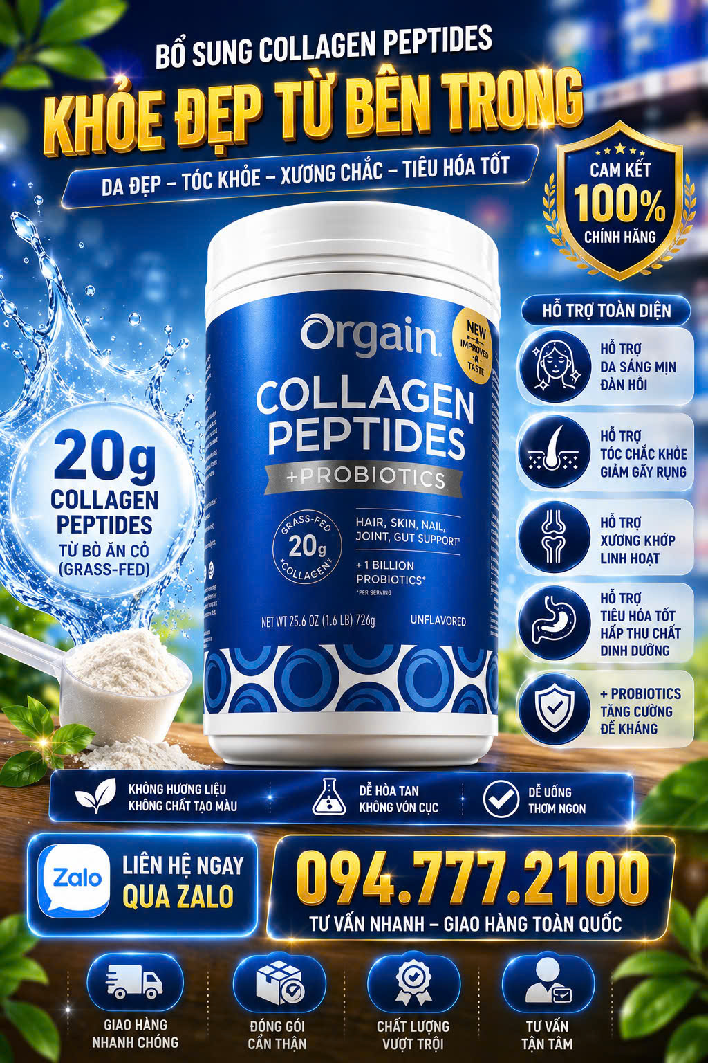 Bột Collagen Peptides Orgain + Probiotics - Bí Quyết Cho Làn Da Khỏe Đẹp & Hệ Tiêu Hóa Khỏe Mạnh (726g)
