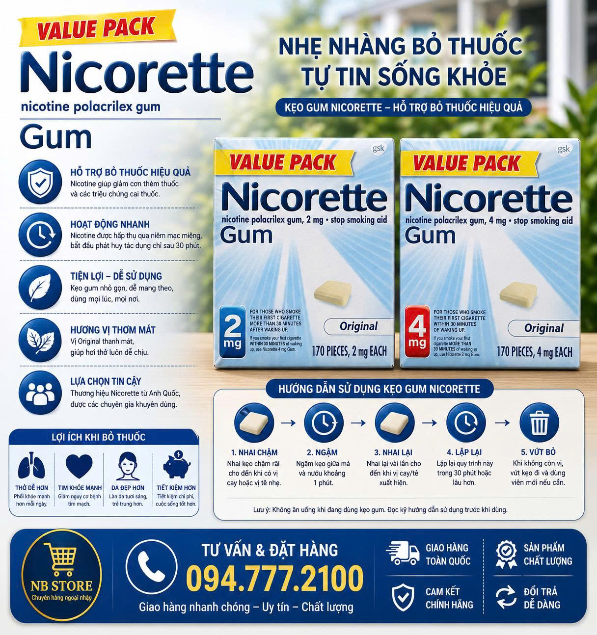 KẸO CAO SU HỖ TRỢ CAI THUỐC LÁ NICORETTE GUM VALUE PACK 170 VIÊN CỦA MỸ 2mg- 4mg