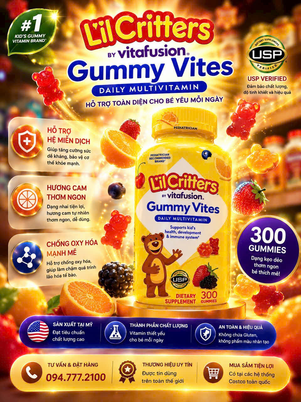 KẸO DẺO BỔ SUNG VITAMIN TOÀN DIỆN CHO BÉ L'IL CRITTERS GUMMY VITES DAILY MULTIVITAMIN HỘP ĐẠI 300 VIÊN CỦA MỸ