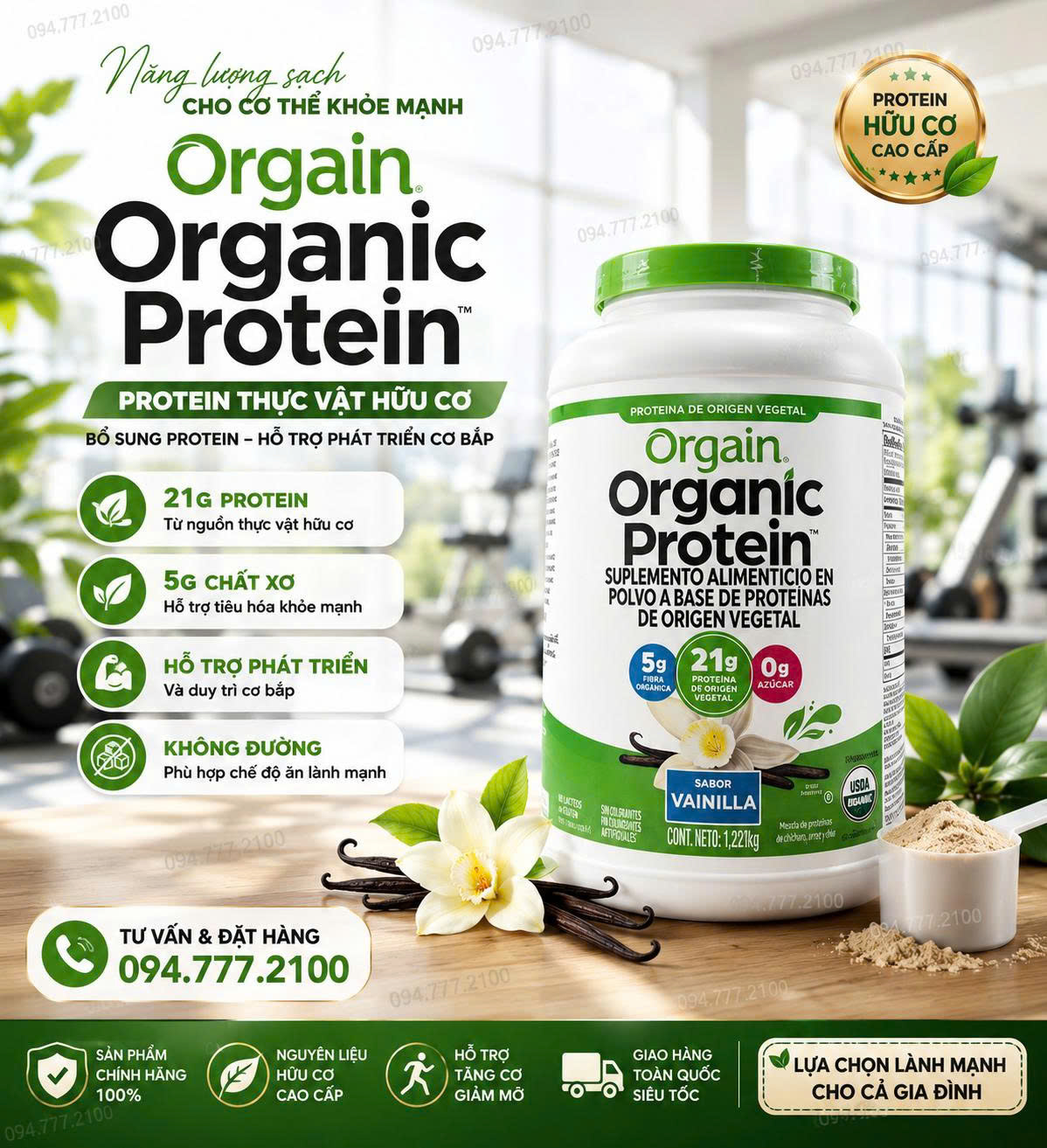 Bột Protein Thực Vật Orgain Organic - Vị Vani Hũ 1,242kg  THƯƠNG HIỆU CỦA MỸ