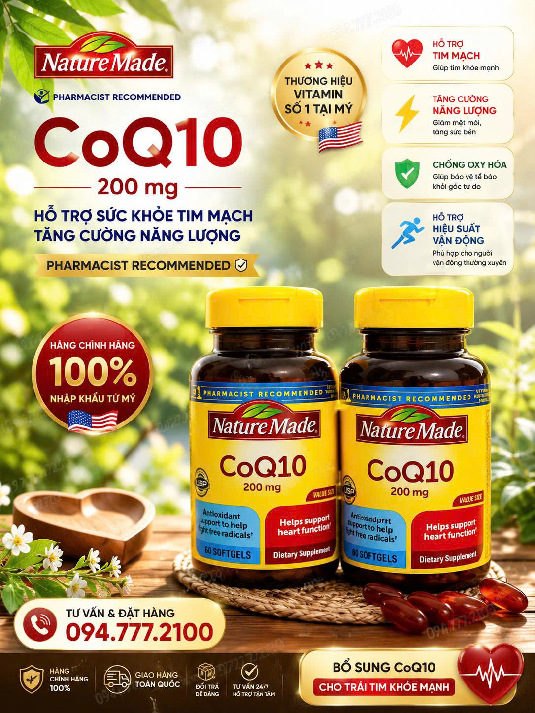 Viên uống bổ tim mạch CoQ10 Nature Made HÀNG MỸ