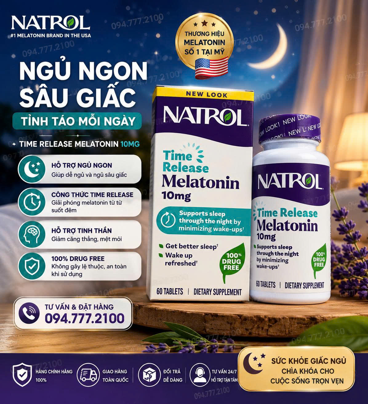 VIÊN UỐNG HỖ TRỢ NGỦ NGON NATROL TIME RELEASE MELATONIN 10MG 60 VIÊN CỦA MỸ