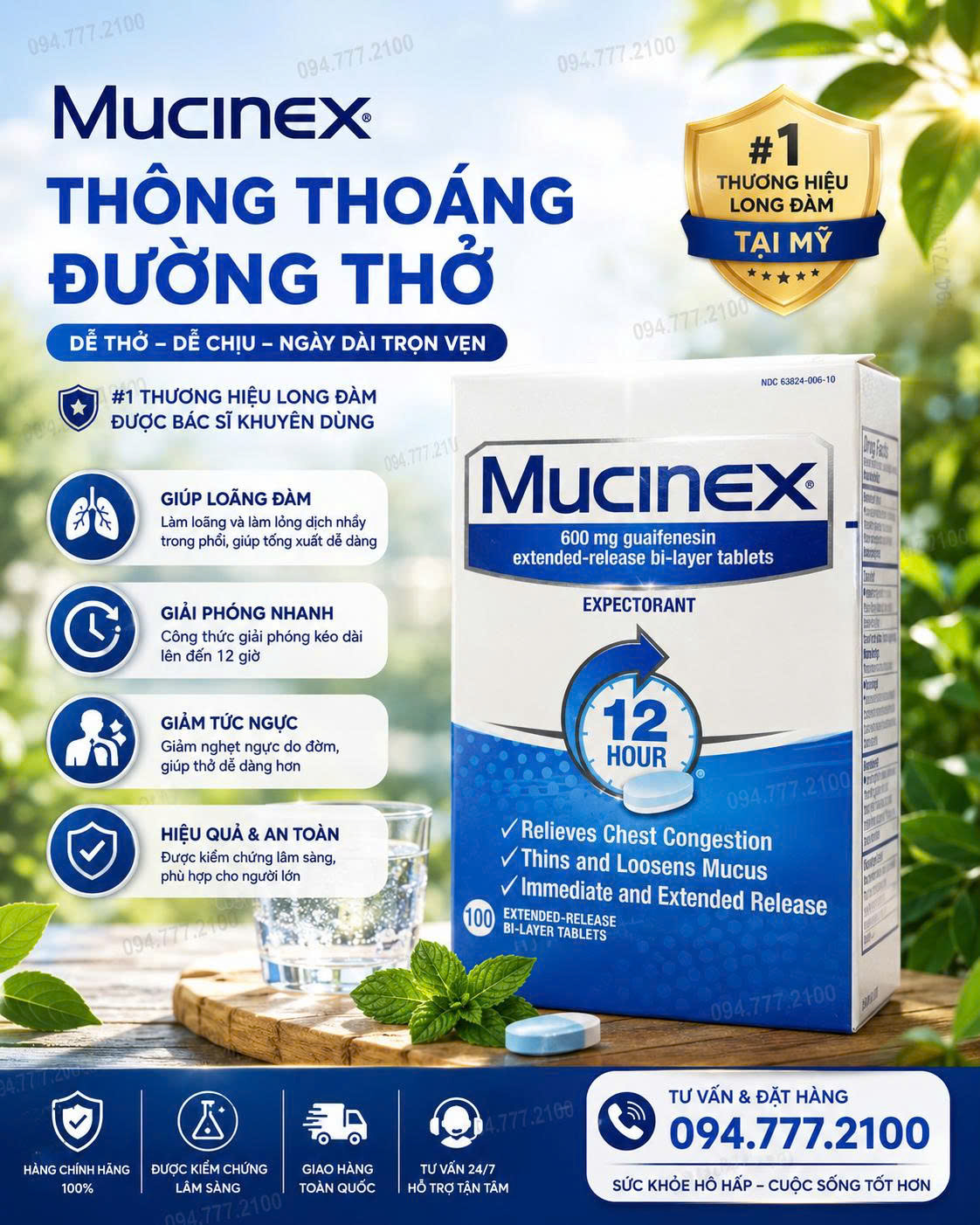 💙 VIÊN UỐNG LONG ĐỜM, GIẢM TẮC NGHẼN NGỰC MUCINEX EXTENDED-RELEASE 600MG HỘP 100 VIÊN CỦA MỸ