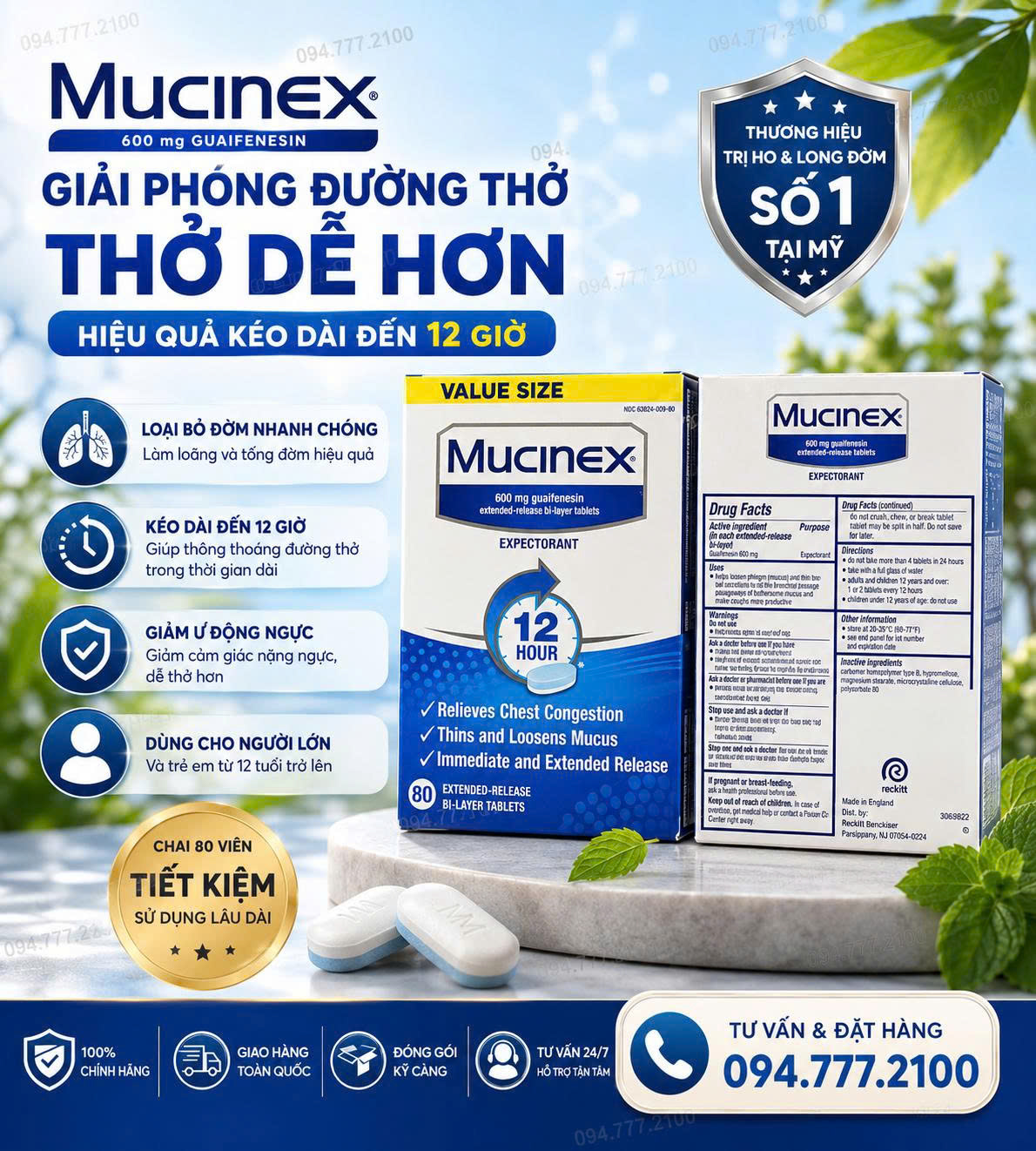 VIÊN UỐNG LONG ĐỜM, GIẢM TẮC NGHẼN NGỰC MUCINEX EXTENDED-RELEASE 600MG HỘP 80 VIÊN