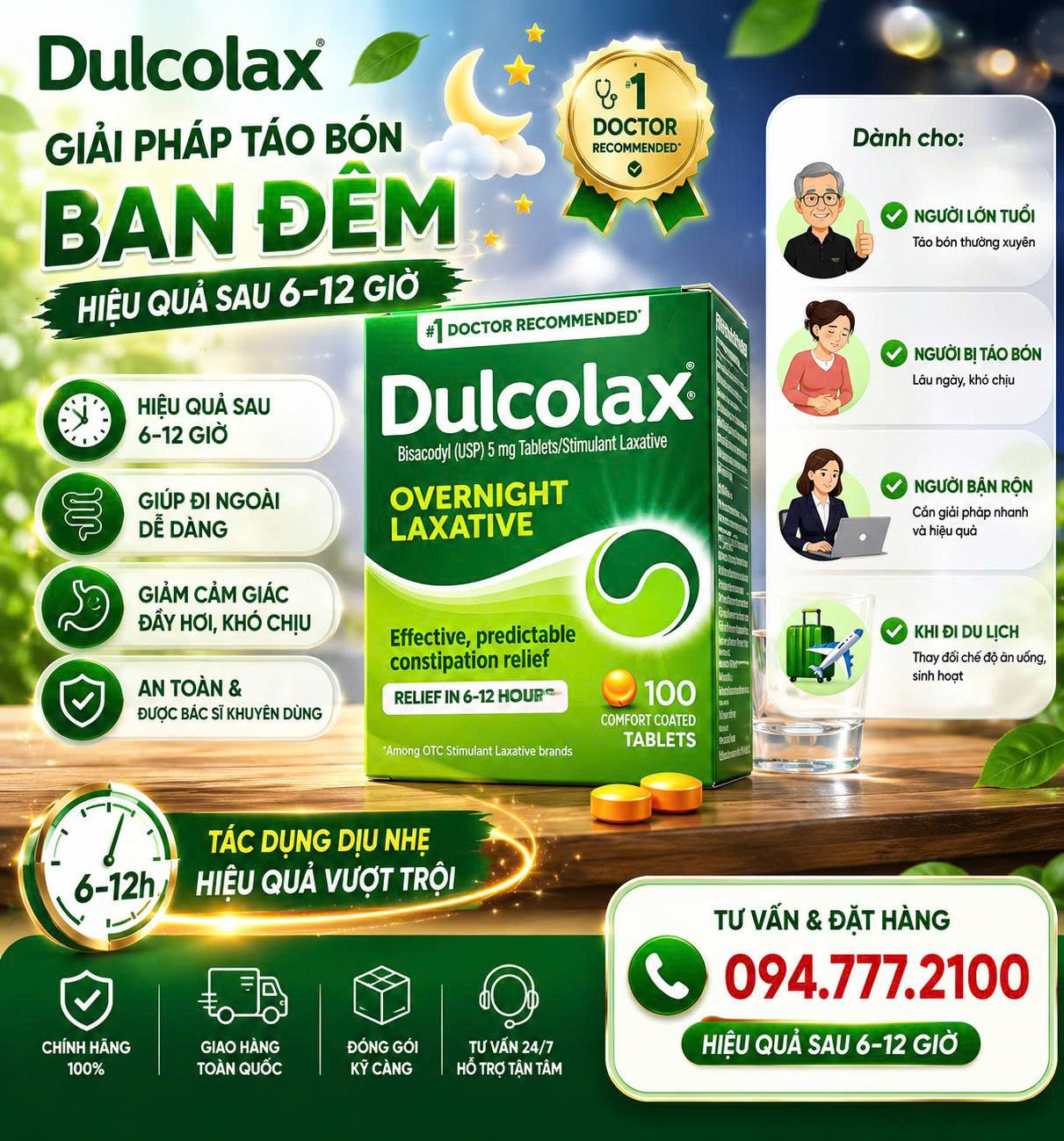 VIÊN UỐNG HỖ TRỢ TRỊ TÁO BÓN DULCOLAX OVERNIGHT LAXATIVE 5MG HỘP 100 VIÊN CỦA MỸ