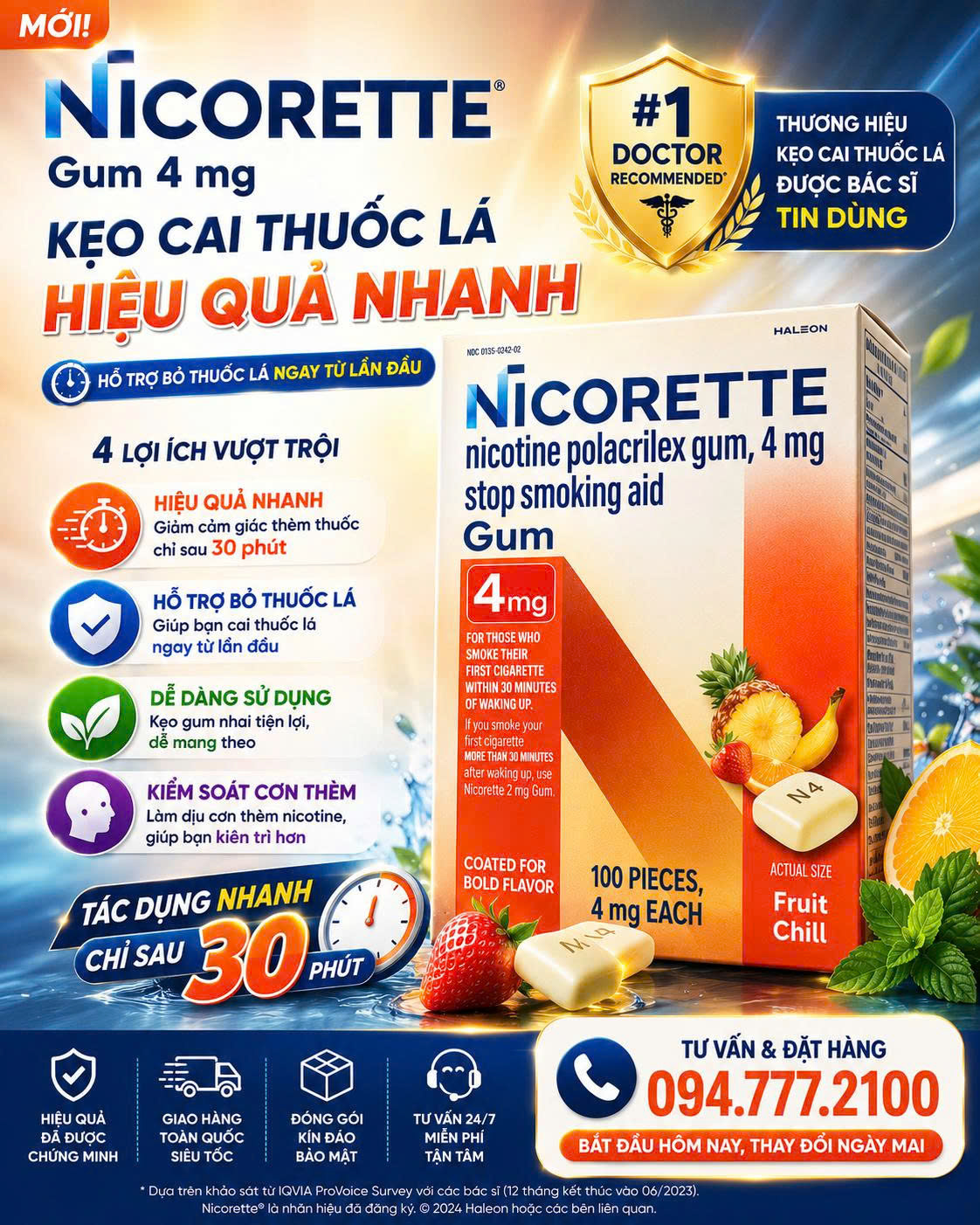 KẸO CAO SU HỖ TRỢ CAI THUỐC LÁ NICORETTE GUM FRUIT CHILL 4MG (VỊ TRÁI CÂY NHIỆT ĐỚI MÁT LẠNH) CỦA MỸ