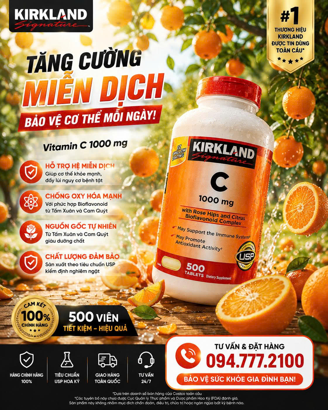 🍊 VIÊN UỐNG BỔ SUNG VITAMIN C KIRKLAND SIGNATURE 1000MG HŨ ĐẠI 500 VIÊN CỦA MỸ