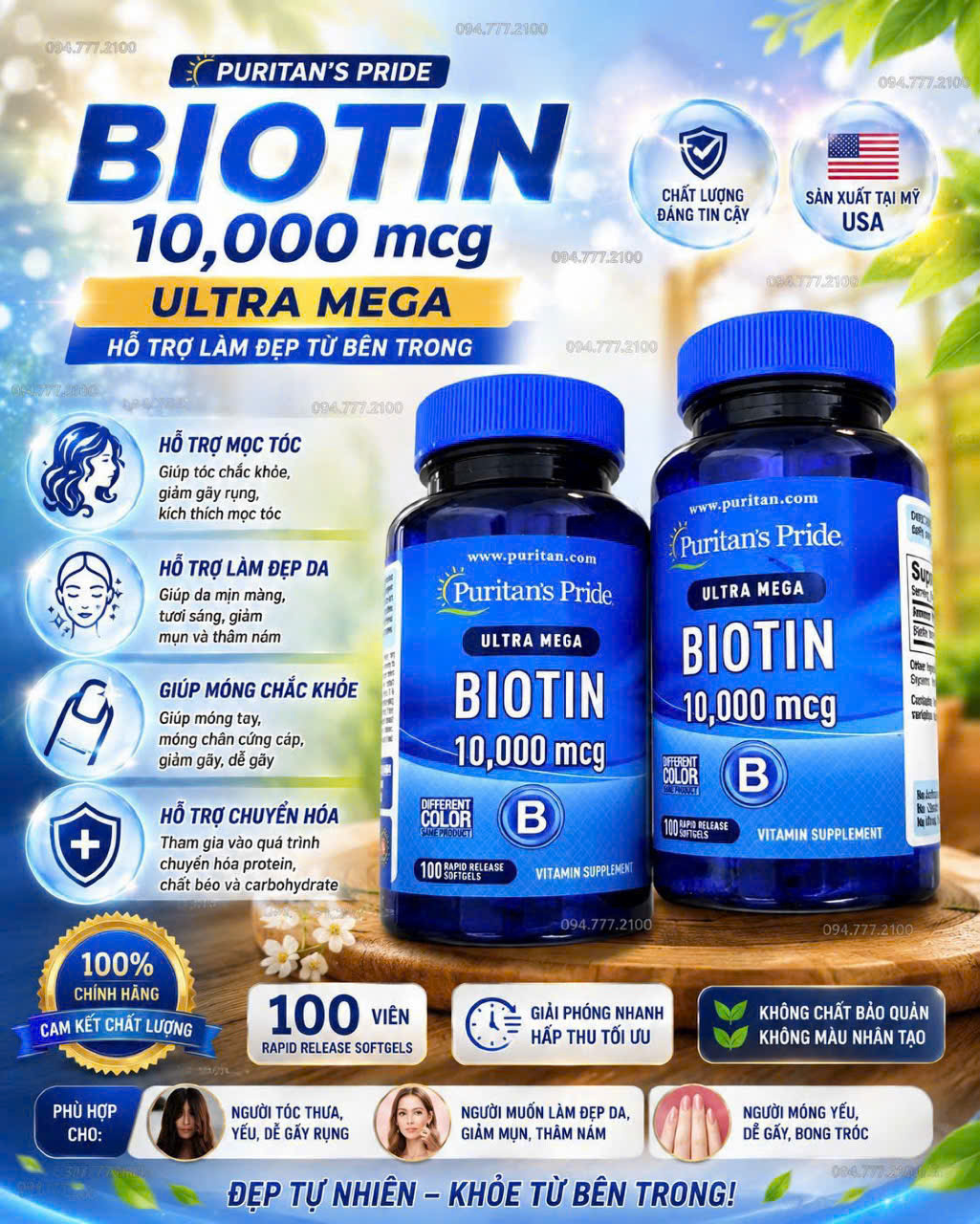 VIÊN UỐNG MỌC TÓC, ĐẸP DA VÀ CHẮC MÓNG PURITAN'S PRIDE BIOTIN 10,000 MCG ULTRA MEGA LỌ 100 VIÊN CỦA MỸ