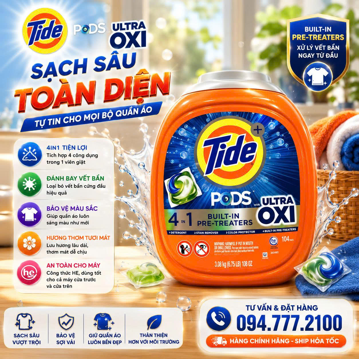 VIÊN GIẶT Tide Oxi 4 in 1 hộp 104v - Mỹ 100% mẫu mới Thùng 104 Viên