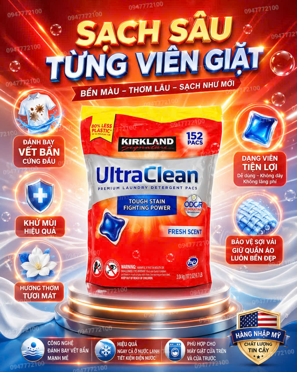 Mẫu mới dạng túi . Viên giặt Kirkland Ultra Clean 152 viên 3.04kg của Mỹ