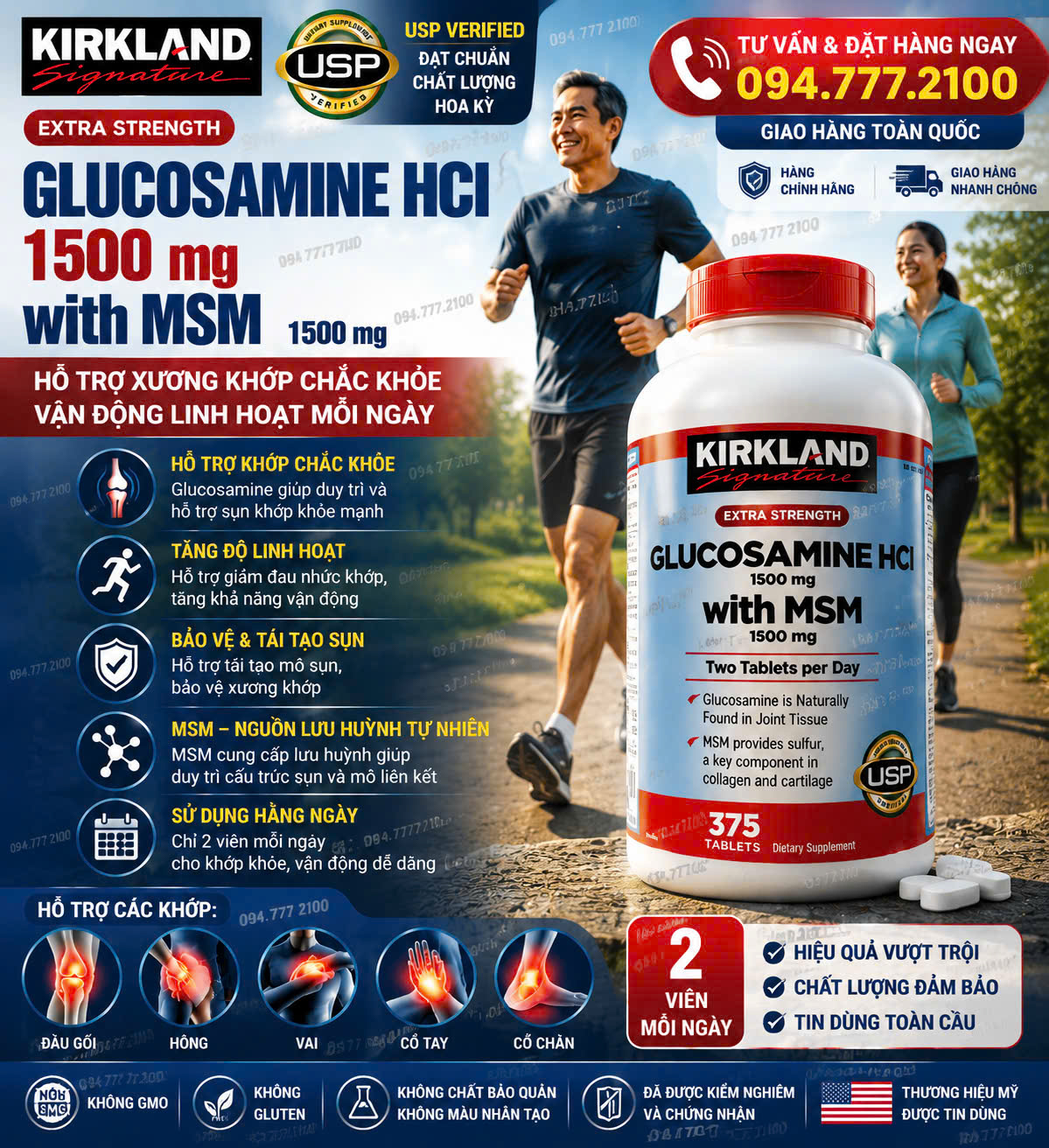 VIÊN UỐNG BỔ XƯƠNG KHỚP KIRKLAND SIGNATURE GLUCOSAMINE HCl 1500MG WITH MSM 1500MG HŨ ĐẠI 375 VIÊN CỦA MỸ