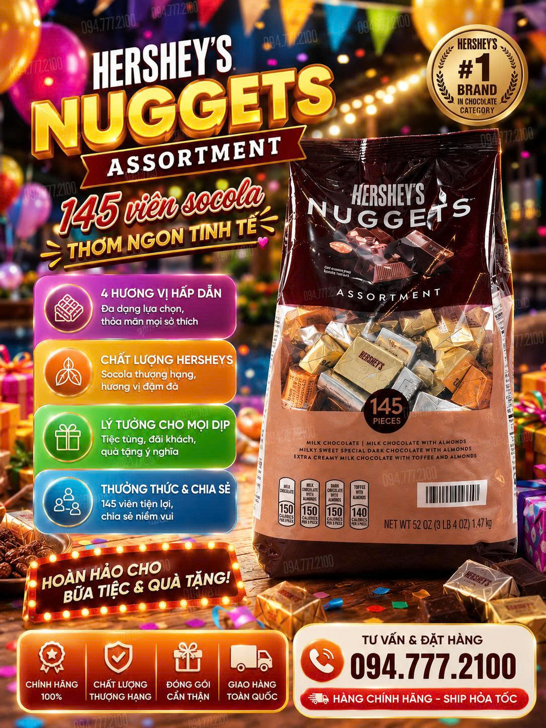 KẸO SOCOLA TỔNG HỢP HERSHEY'S NUGGETS ASSORTMENT TÚI ĐẠI KHỦNG 145 VIÊN CỦA MỸ