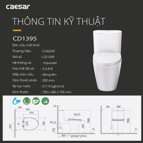 Bồn Cầu Một Khối Nắp Êm Caesar CD1395
