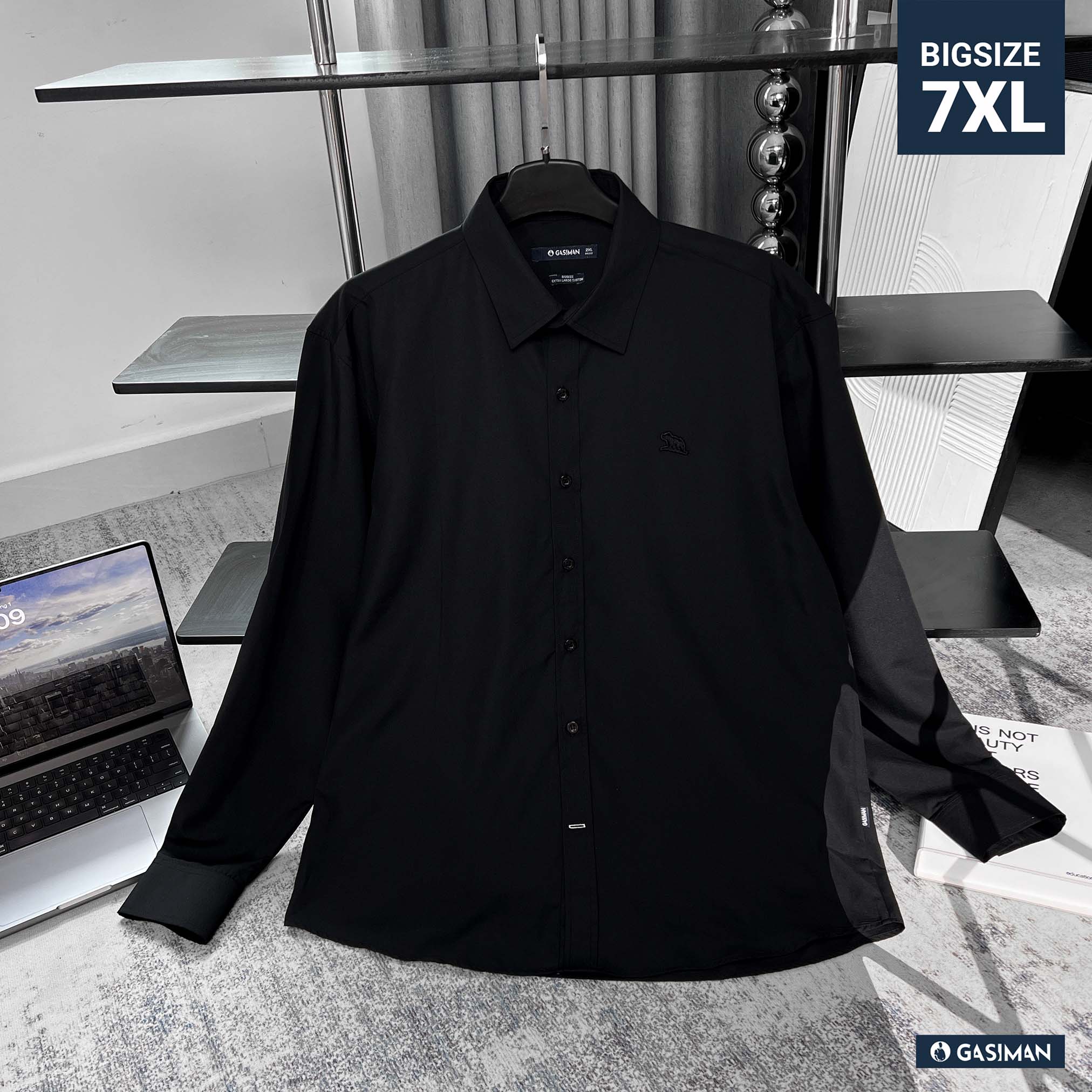 Áo Sơ Mi Tay dài Bigsize Trơn Logo thêu Gấu Màu Đen