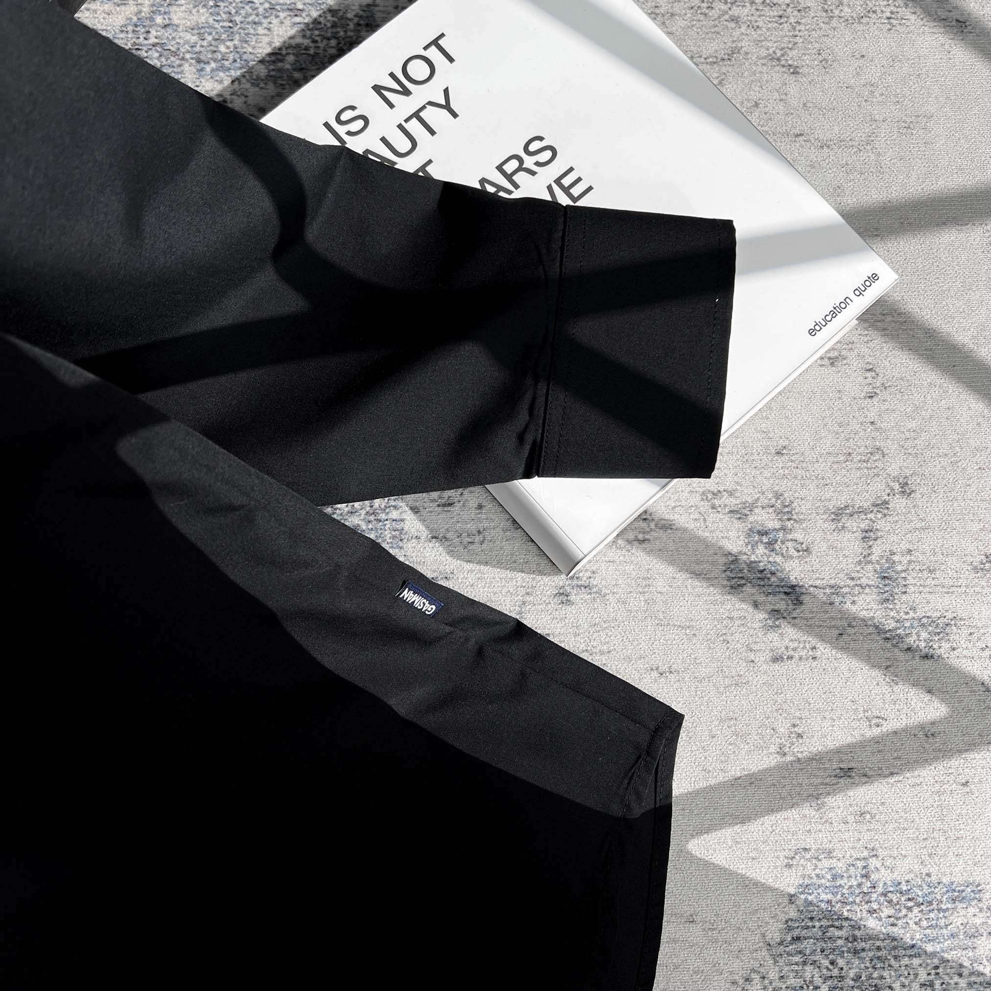 Áo Sơ Mi Tay dài Bigsize Trơn Logo thêu Gấu Màu Đen