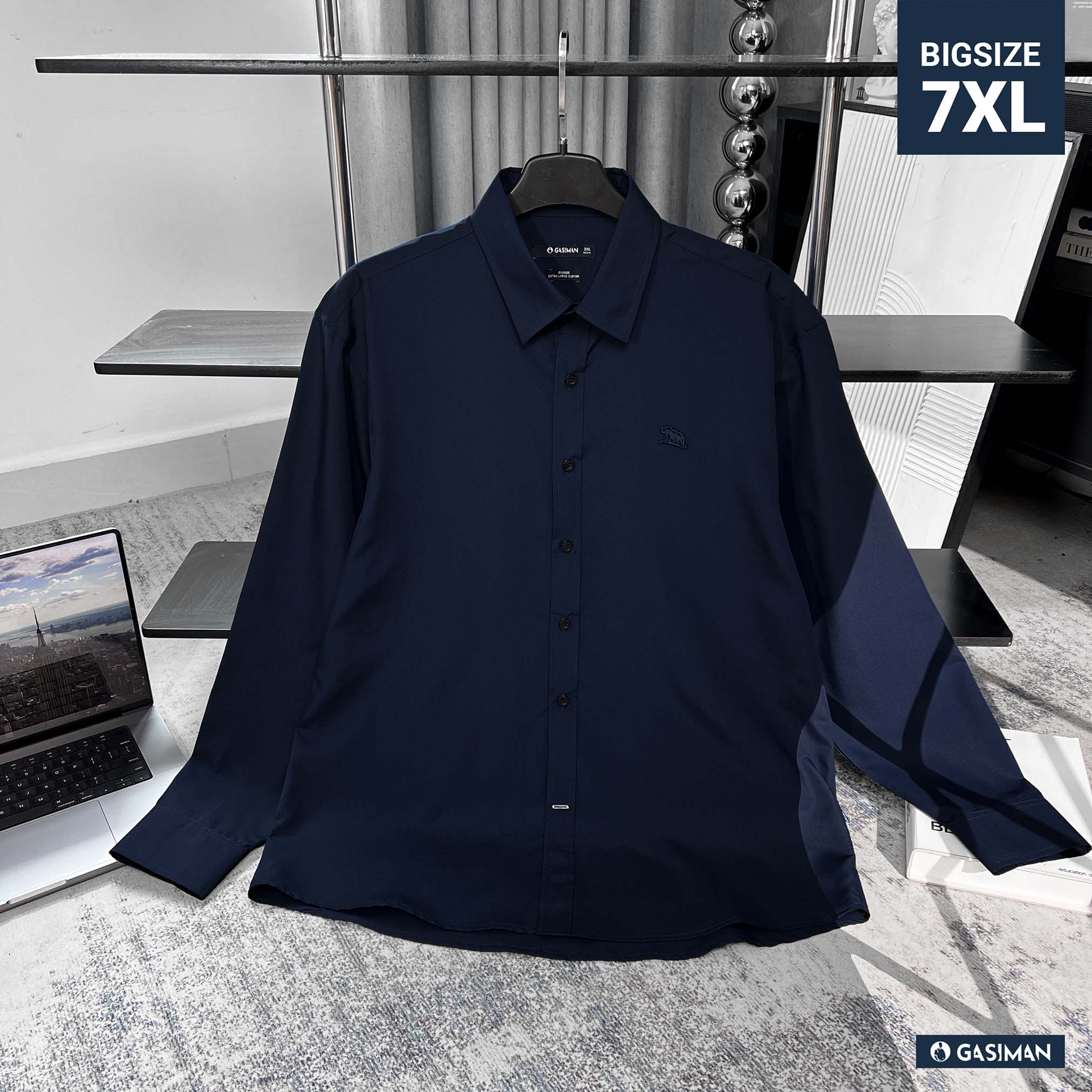 Áo Sơ Mi Tay dài Bigsize Trơn Logo thêu Gấu Màu Xanh đen