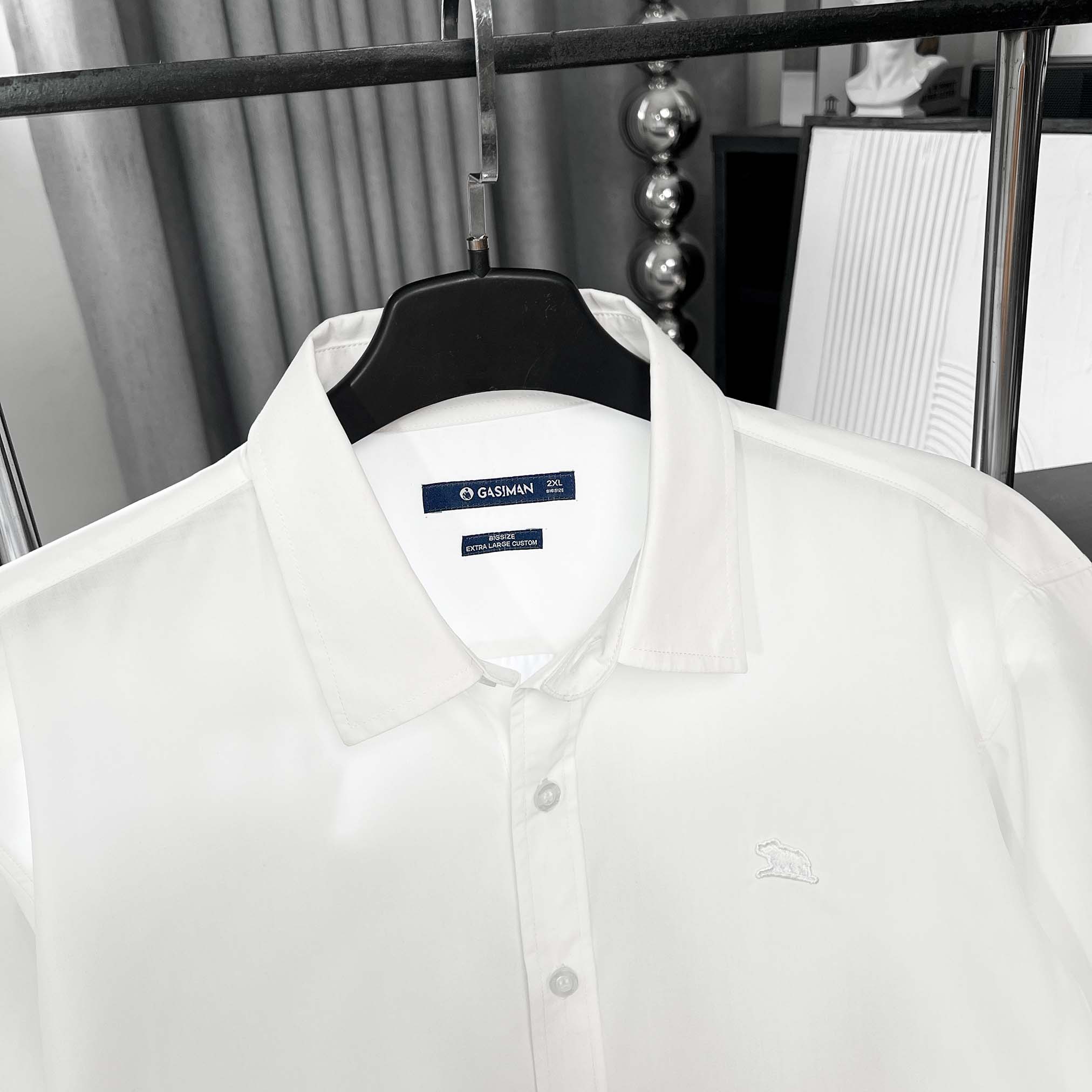 Áo Sơ Mi Tay dài Bigsize Trơn Logo thêu Gấu Màu Trắng