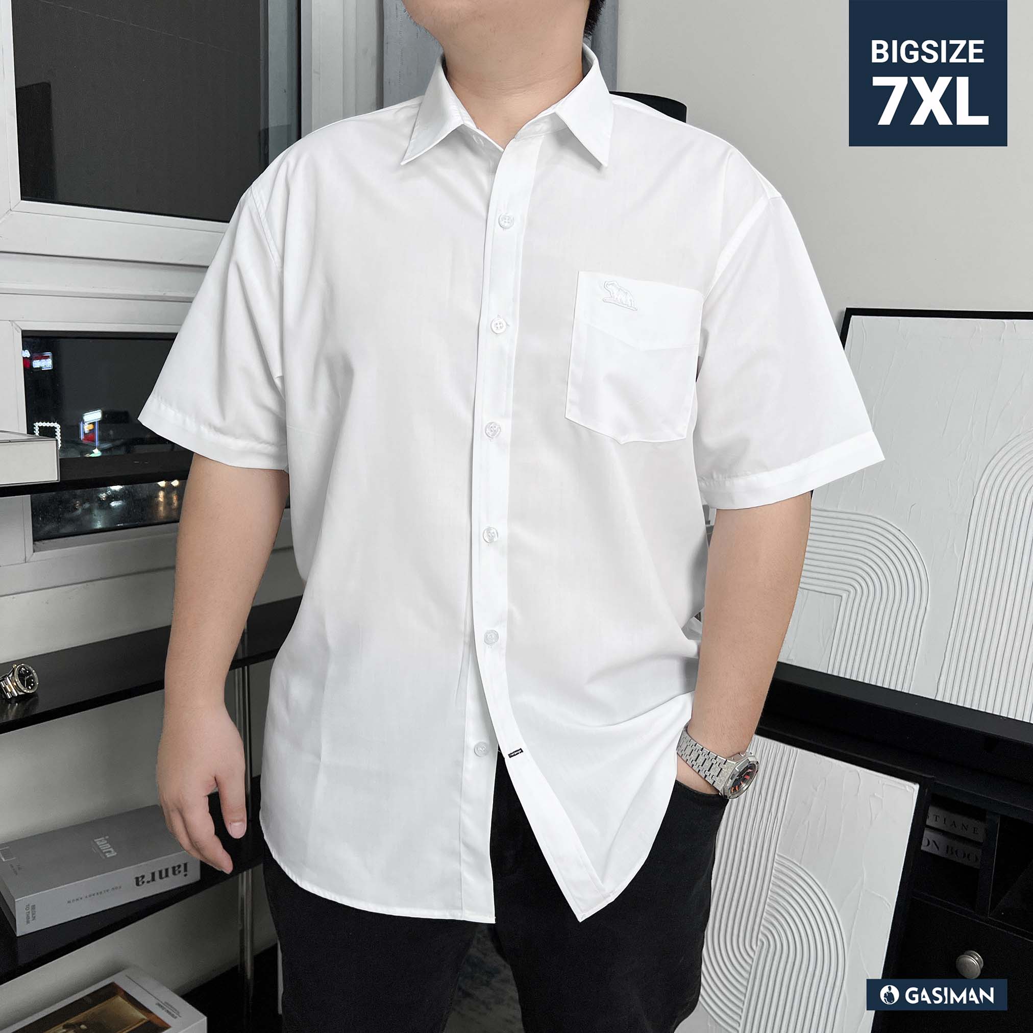 Áo Sơ Mi Bigsize Tay ngắn có Túi Logo thêu Gấu Màu Trắng