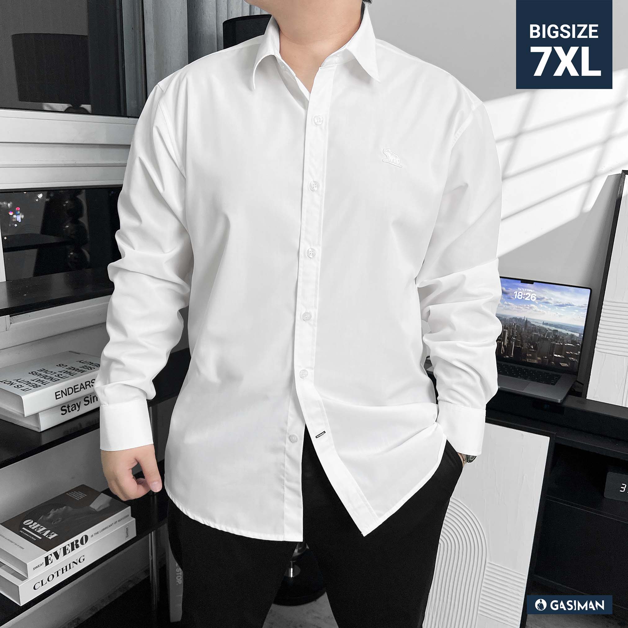 Áo Sơ Mi Tay dài Bigsize Trơn Logo thêu Gấu Màu Trắng