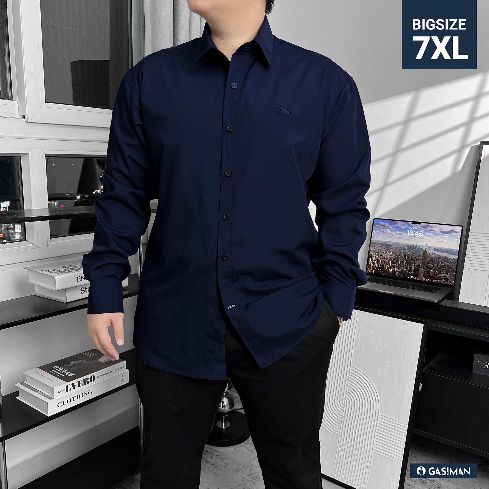 Áo Sơ Mi Tay dài Bigsize Trơn Logo thêu Gấu Màu Xanh đen