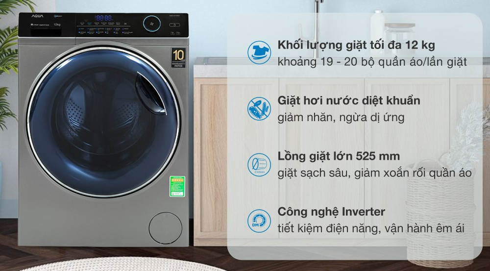 Máy giặt Aqua Inverter 12 kg AQD-A1200H PS Chính Hãng Mới 100%