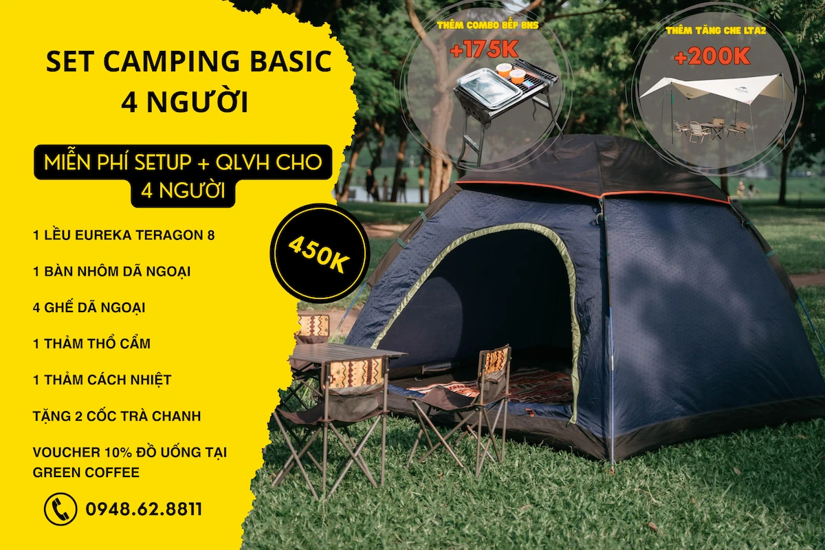 set combo cắm trại 4 người đơn giản tại công viên Yên Sở