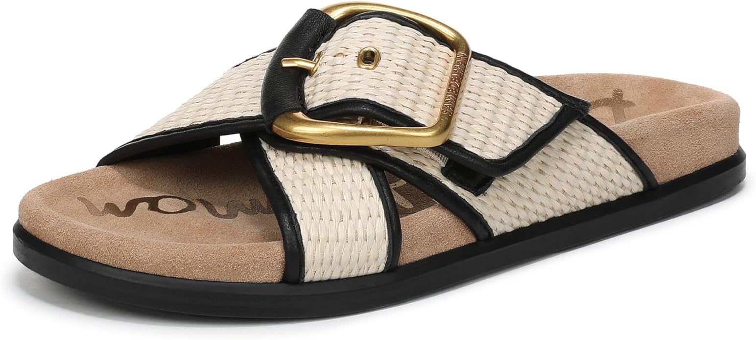 Sandal nữ SAM EDELMAN Womens Darla Multi Buckle Slide Sandal Color Linen/Black Faux Raffia - Giày nữ xuất dư Âu, Mỹ