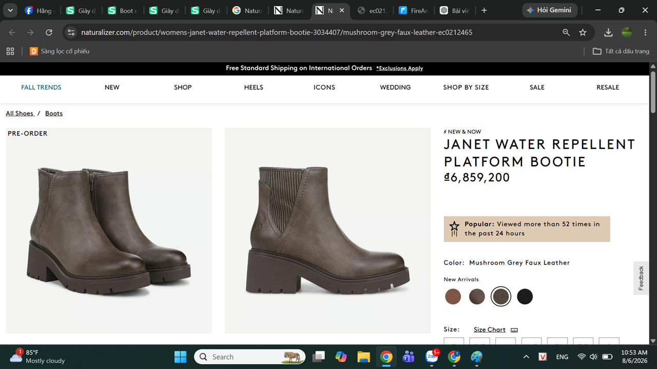 Boot cao cổ nữ da thật Naturalizer Janet Water Repellent Platform Bootie Color Mushroom Grey Leather- Giày nữ xuất khẩu Âu, Mỹ
